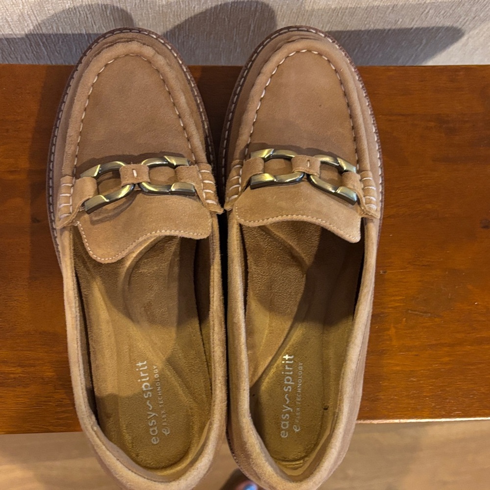 Easy Spirit Taupe Suede Chain-Trim Loafers